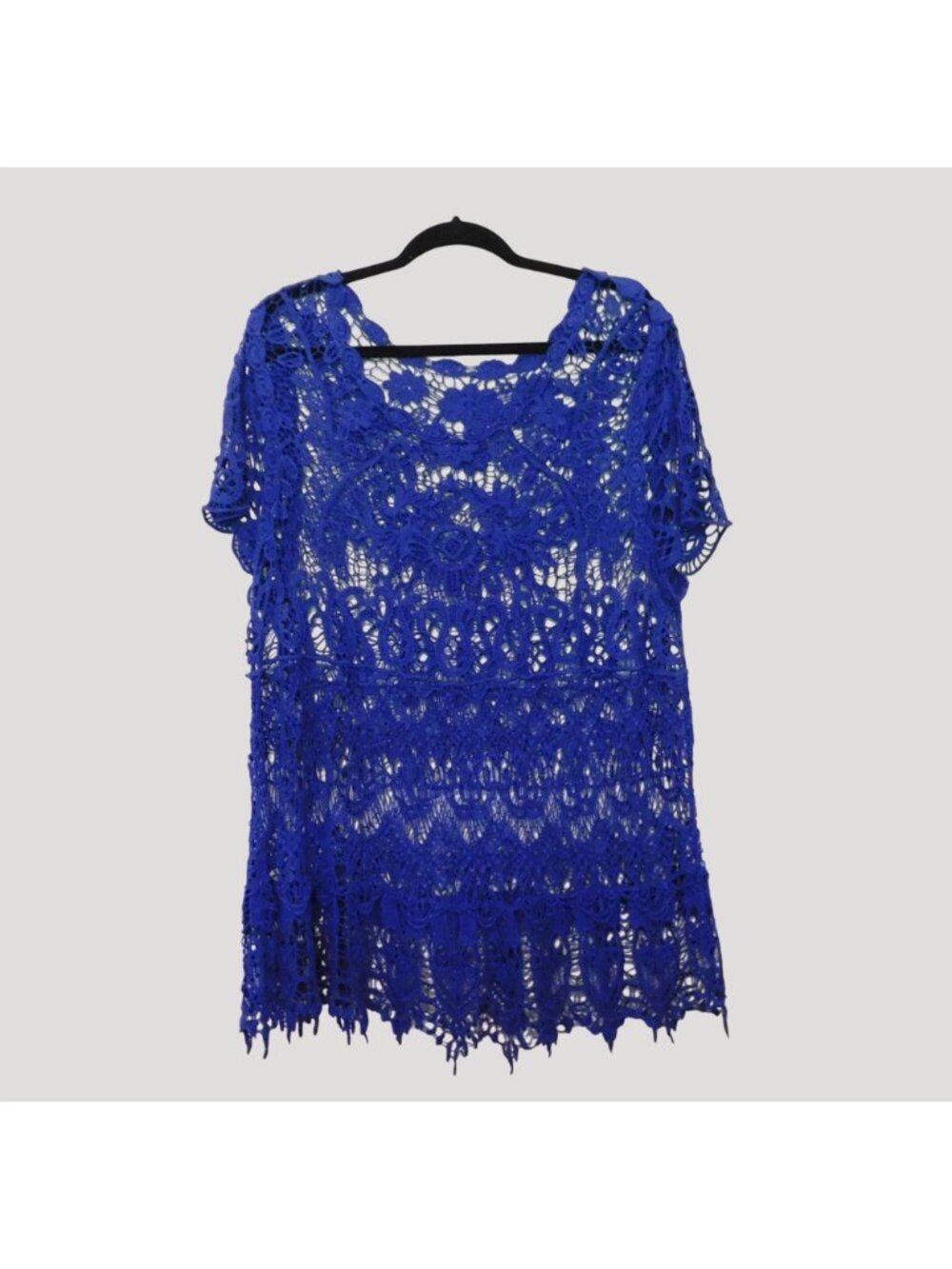 Crochet Lace Tunic Top Womens XL Royal Blue Short Sleeves Boho Style - Picture 5 of 5